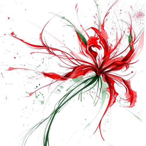 Watercolor spider lily tattoo, vivid red and green colors