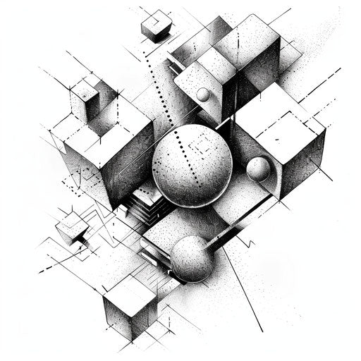 Futuristic geometric tattoo concept with 3D cubes and spheres intertwined