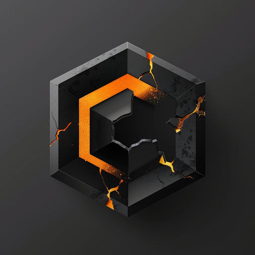 Striking logo with a 3D cube cracking at one corner