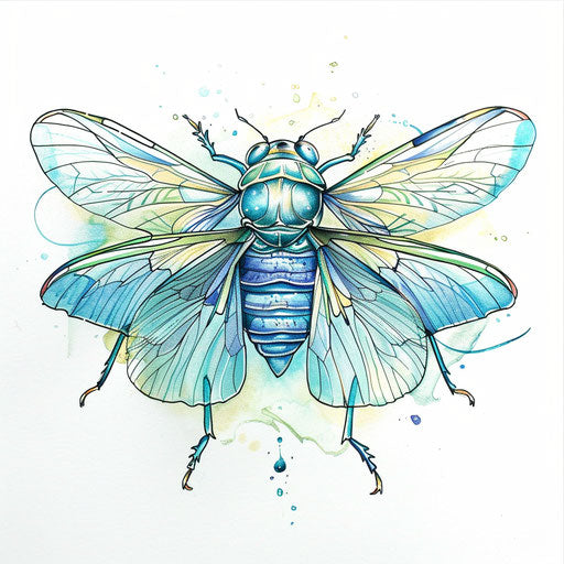 Harmony tattoo sketch of a cicada with soft blues and greens in a serene clipart style