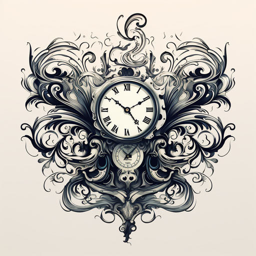 Clock adorned in pen drawing style, art nouveau lines, minimalist ink, enchanted realism, symmetrical balance, storybook illustration