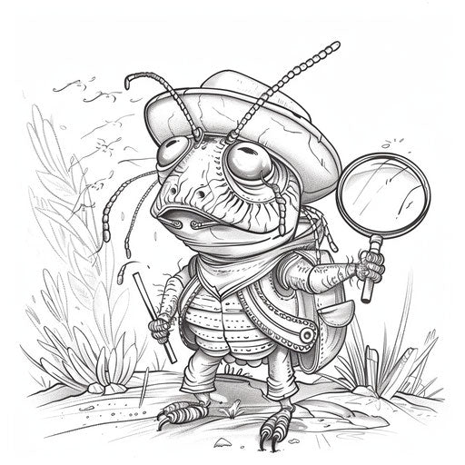 Whimsical ant explorer with hat and magnifying glass