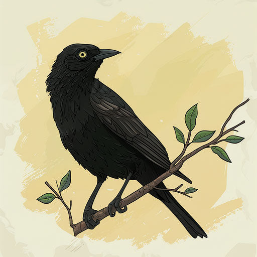 Blackbird on branch, soft pastel background