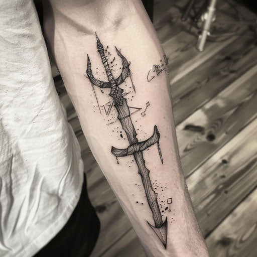 Norse-inspired trident tattoo with runes and wood carving texture, on white.