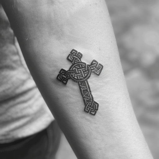 Minimalist Celtic cross in black ink on white background