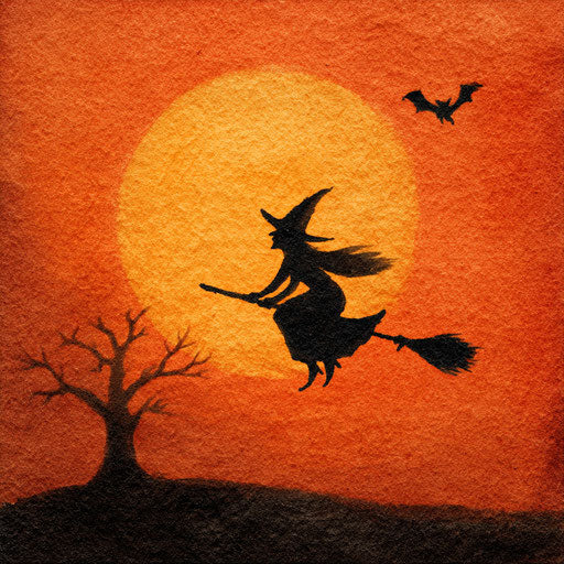 Witch in Silhouette Flying Against a Full Moon