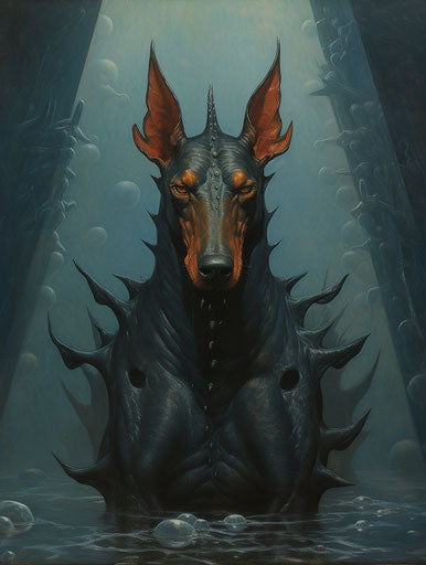 Dog of the day dobermans, photorealistic accuracy, dark blue and brown