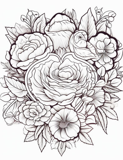 Adult coloring page: heart-shaped rose wreath