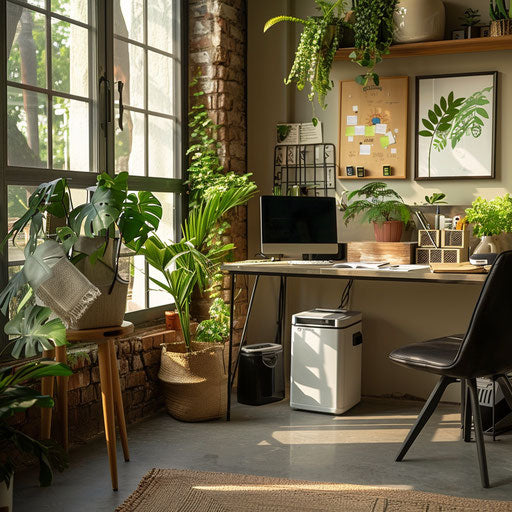 Eco-friendly home office with sustainable materials and greenery
