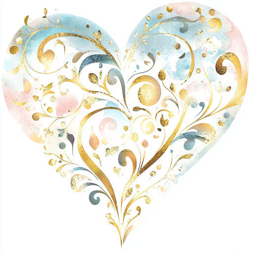 Beautiful heart with gold and silver swirls, pastel colors