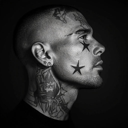 Facial tattoos for men with a minimalist star, in the style of Ami James