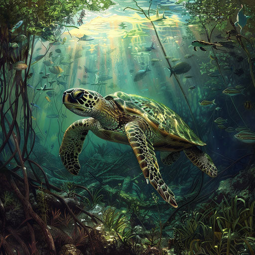 Green turtle in murky waters of a swamp