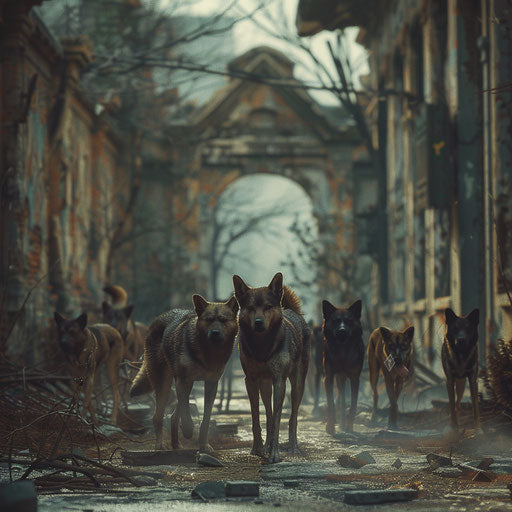 Feral dog pack roaming through an abandoned town