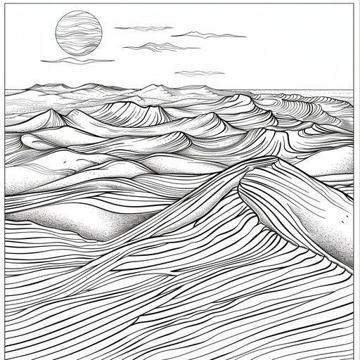 A complex desert of sand dunes with distant mirage