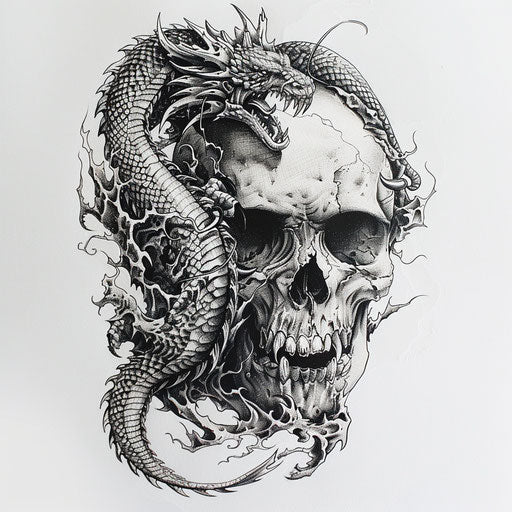 Skull tattoo intertwined with a dragon on white backdrop