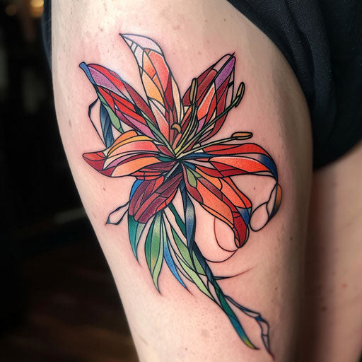 Stained glass spider lily tattoo, vibrant segments within black lines, on white background.