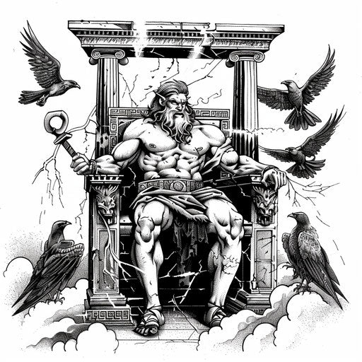 Zeus in his throne with thunderbolts, surrounded by eagles