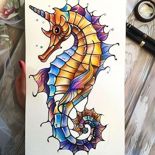 Stained glass seahorse tattoo sketch with bold outlines