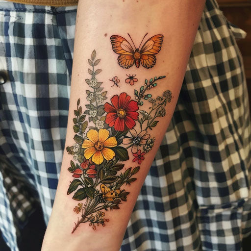 Botanical-themed sister tattoos with flowers and butterflies