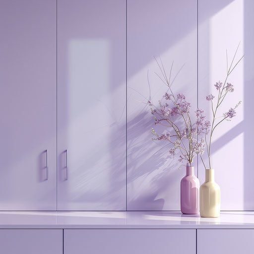 Soft lavender flat background, cupboard clipart with a photo realistic touch, highlighted by a shimmering gloss and precise details