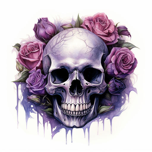 Skull with roses and eyes, botanical watercolor style, realism