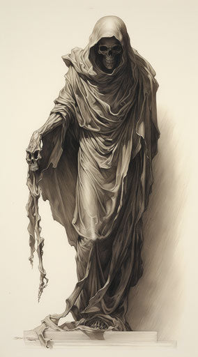 Bronze cast style grim reaper tattoo, hyper-detailed