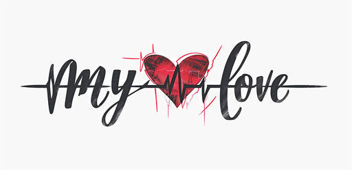 Love in cursive with ECG line, red and black on white