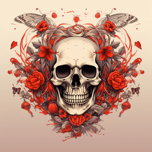Skull with flower, thorns, dragonfly illustration