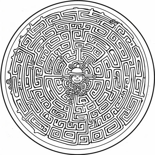 Whimsical circular maze with cartoon character