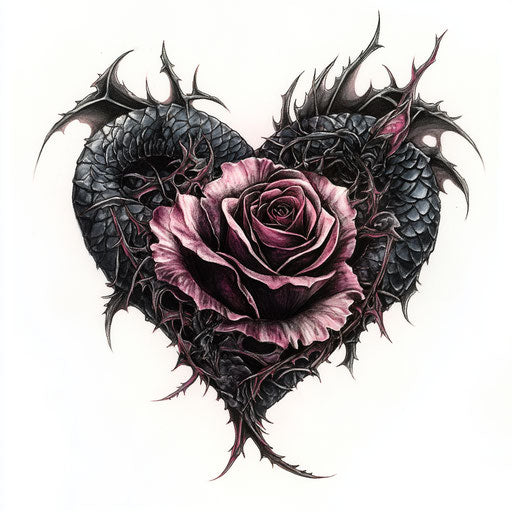 Gothic heart-shaped rose with thorns and dragon wings