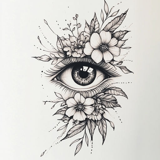 Eye tattoo on arm with floral motifs in flat style