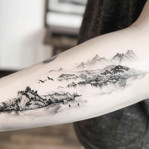 Korean landscape tattoo in black/gray ink on white