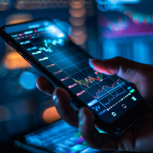 Hand holding smartphone with stock trading app