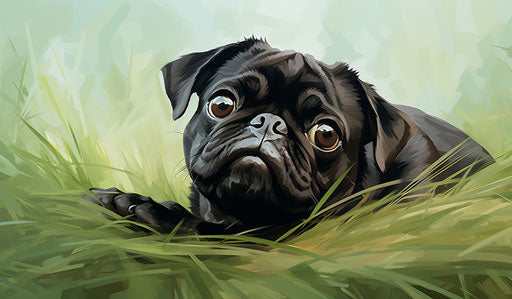 Pug dog on grass, exaggerated features, captured moments