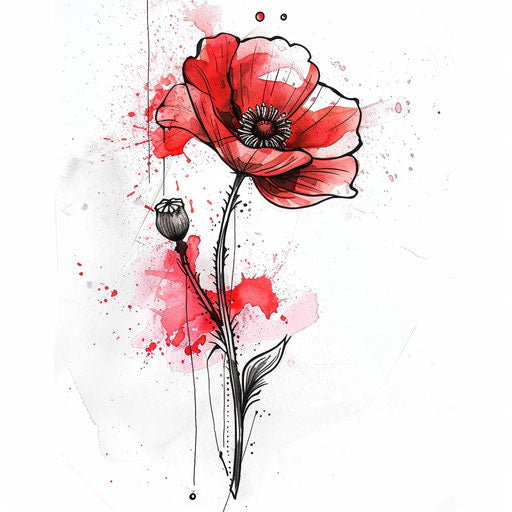 Single poppy tattoo design with a splash of watercolor red, outlined in black ink, artistically laid on a white background for a tattoo flash sheet.