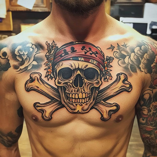 Detailed pirate skull with crossed bones in Sailor Jerry style