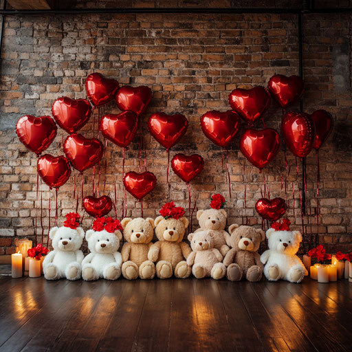 Adorable teddy bears surrounded by romantic decorations