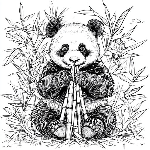 Panda eating bamboo, in the style of Megan Hess, coloring book page