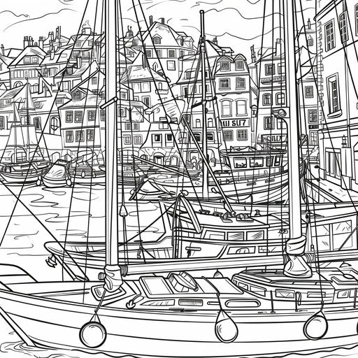 Detailed view of a city harbor with boats docked. Coloring book page