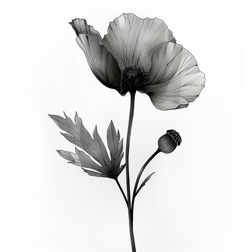 Poppy tattoo design in blackwork style, focusing on dramatic black shading
