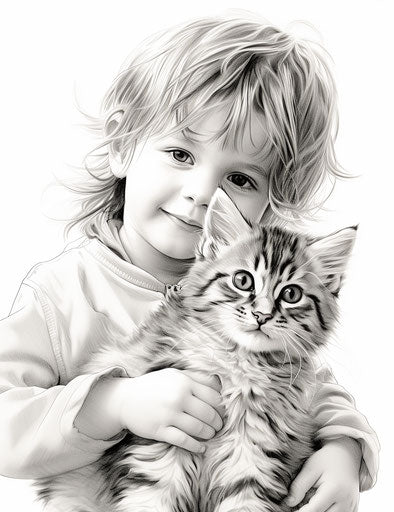 Cat with children coloring pages