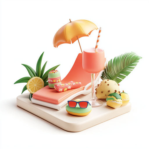 3D summer images in realistic style with flat white background, isolated clipart