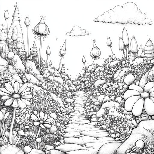 Fantastical garden with enchanted flowers, Mamoru Hosoda style