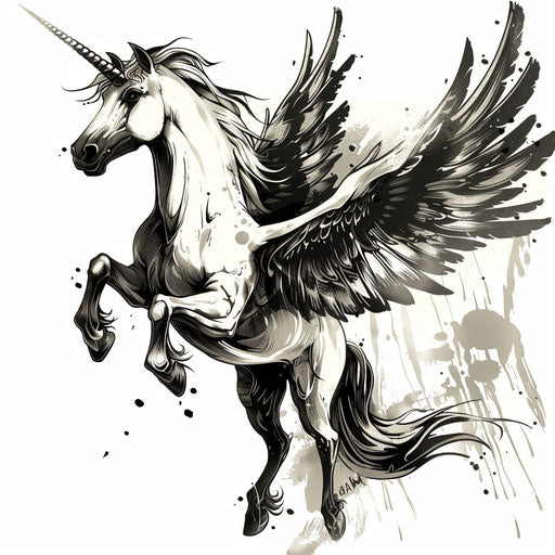 Mythical Pegasus flying, dynamic Greek tattoo on white