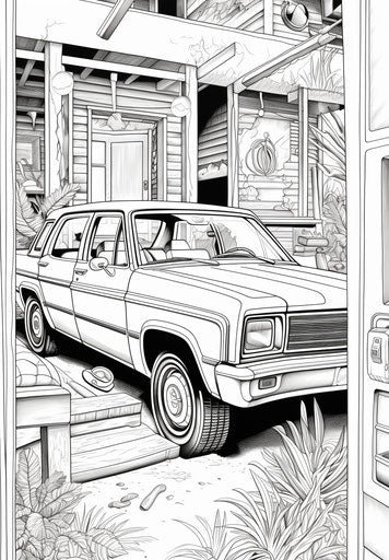 Car coloring page with doors open and person in back