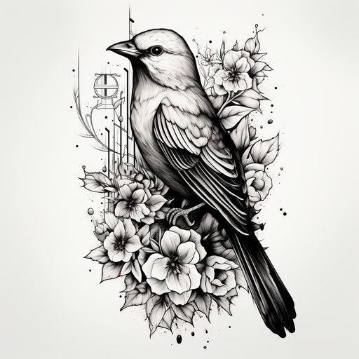 Black and white tattoo of a bird and flowers