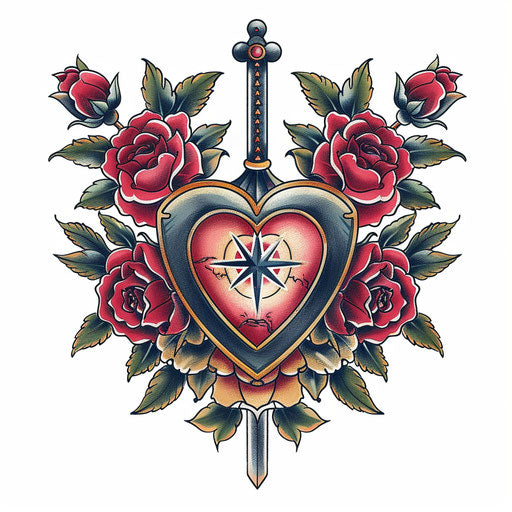 Navy tattoo heart dagger roses old school style white background