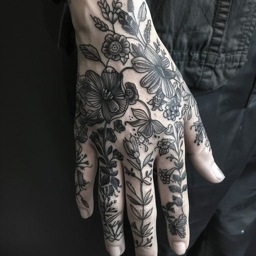 Men's hand tattoo with detailed botanical elements
