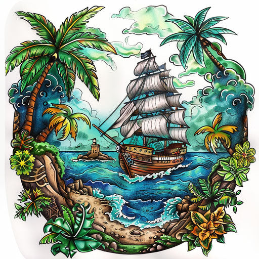 Exotic tattoo sketch of a pirate ship near a tropical island