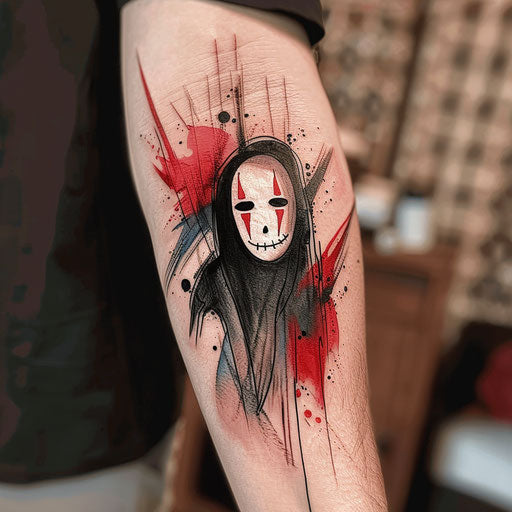 Artistic flat tattoo sketch of No-Face with watercolor splashes